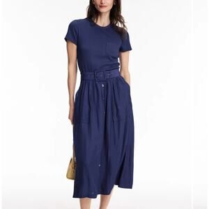 Ramy Brook Blue Pleated Midi Dress LARGE Business Casual Designer Preppy $400